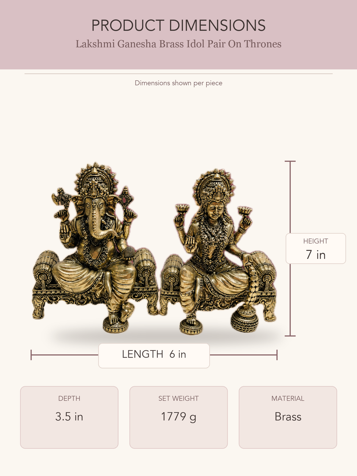 Lakshmi Ganesha Brass Idol Pair On Thrones — clear product dimensions and specifications