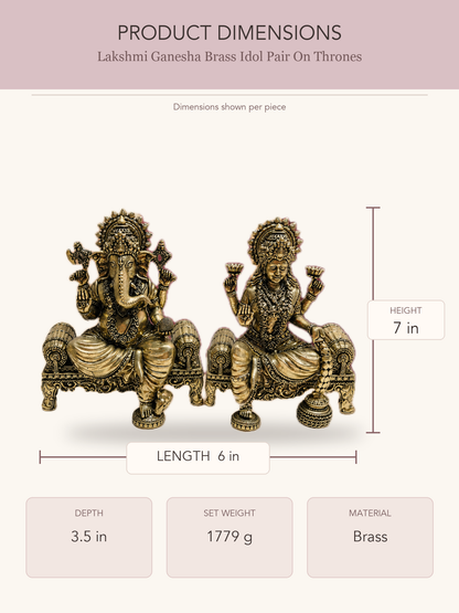 Lakshmi Ganesha Brass Idol Pair On Thrones — clear product dimensions and specifications