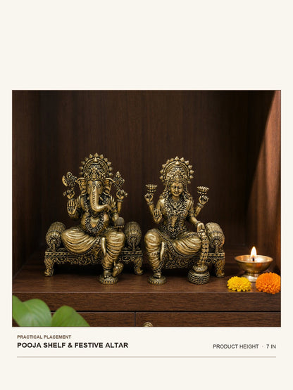 Lakshmi Ganesha Brass Idol Pair on Thrones shown at its 7-inch height on a pooja shelf or festive altar