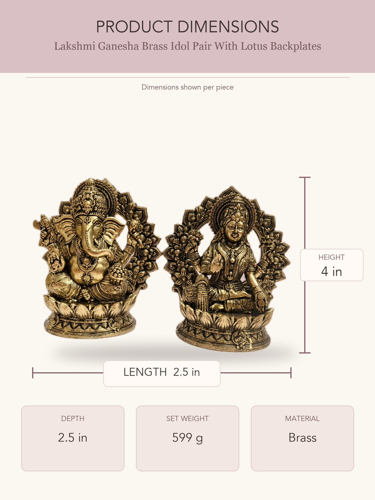 Lakshmi Ganesha Brass Idol Pair With Lotus Backplates — clear product dimensions and specifications