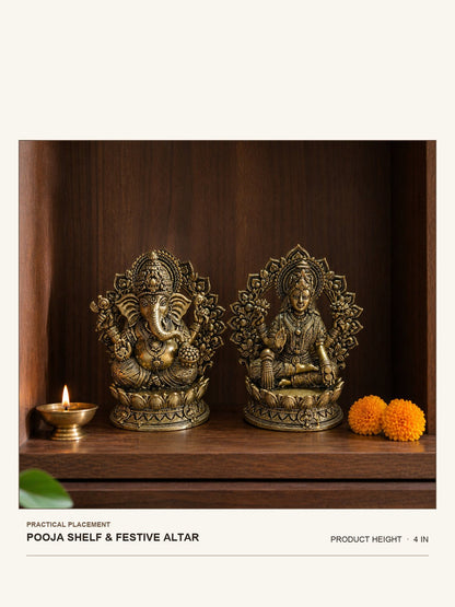 Lakshmi Ganesha Brass Idol Pair with Lotus Backplates shown at its 4-inch height on a pooja shelf or festive altar