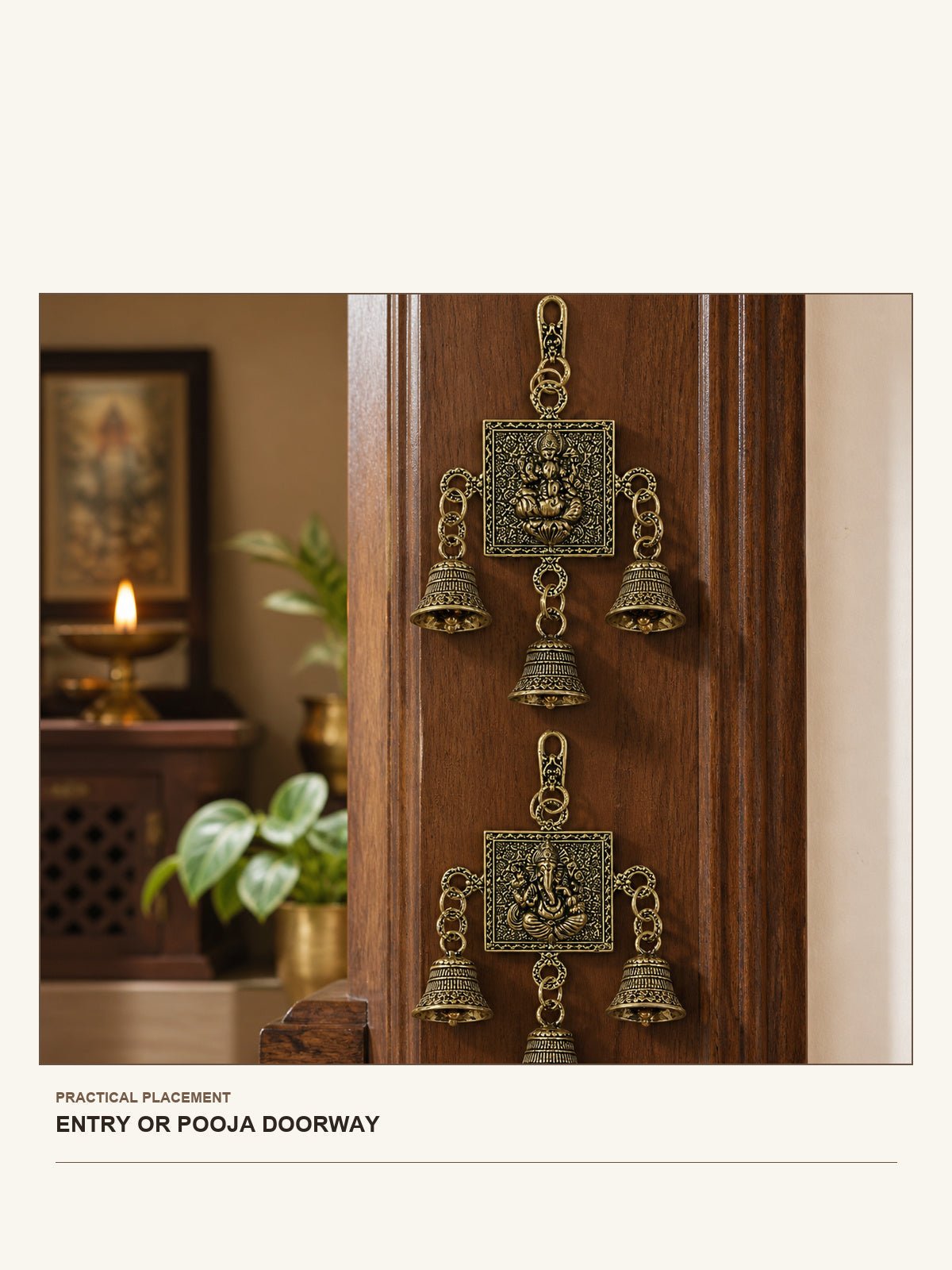 Lakshmi & Ganesha Brass Wall Bell Set shown in a practical entry or pooja doorway setting