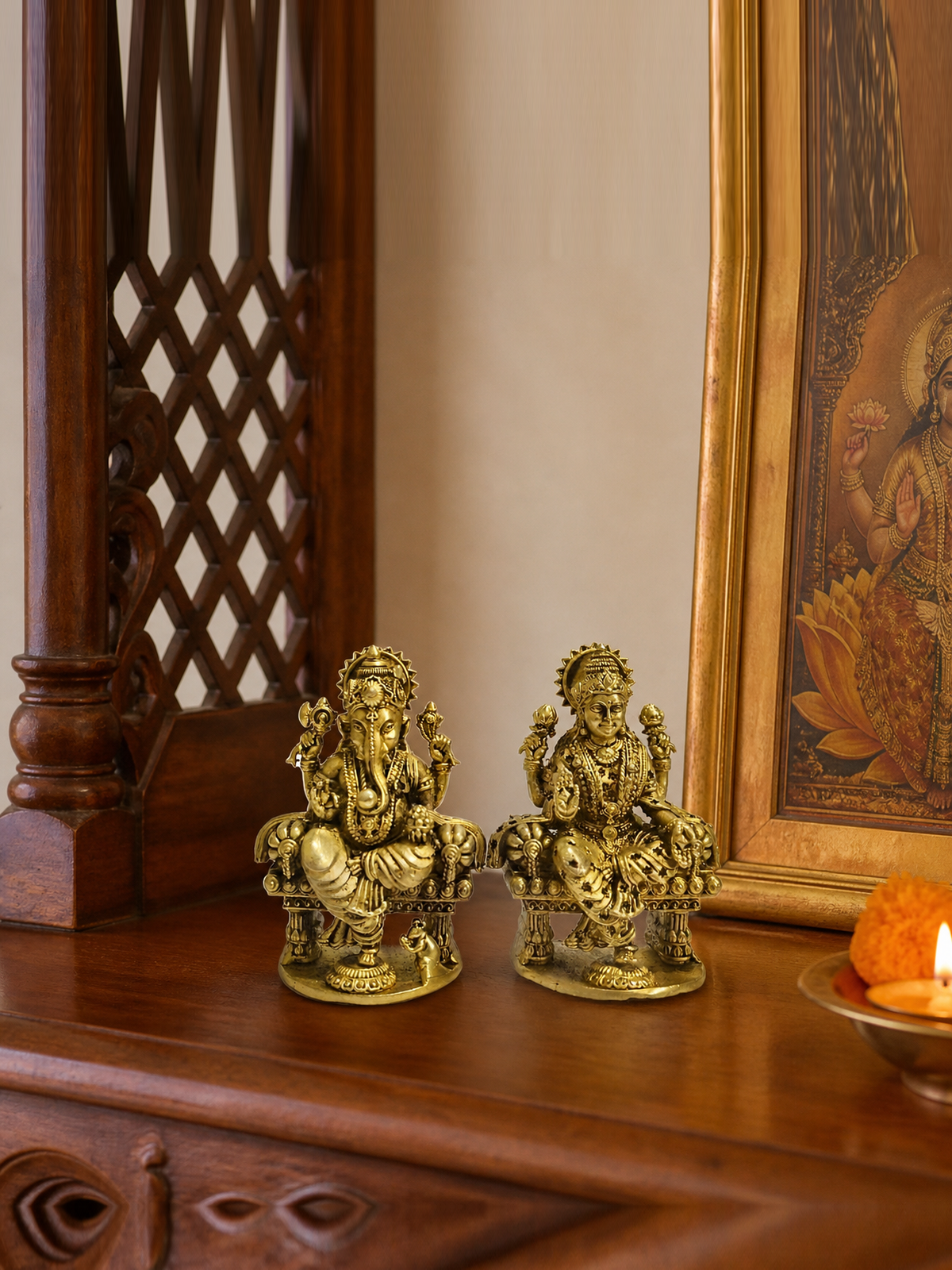 lakshmi ganesha throne pair polished realistic placement