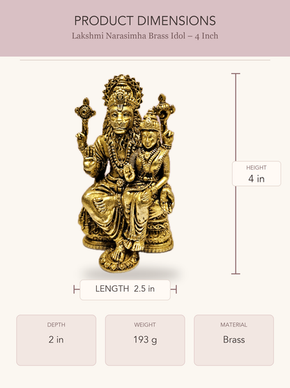 Lakshmi Narasimha Brass Idol – 4 Inch — clear product dimensions and specifications