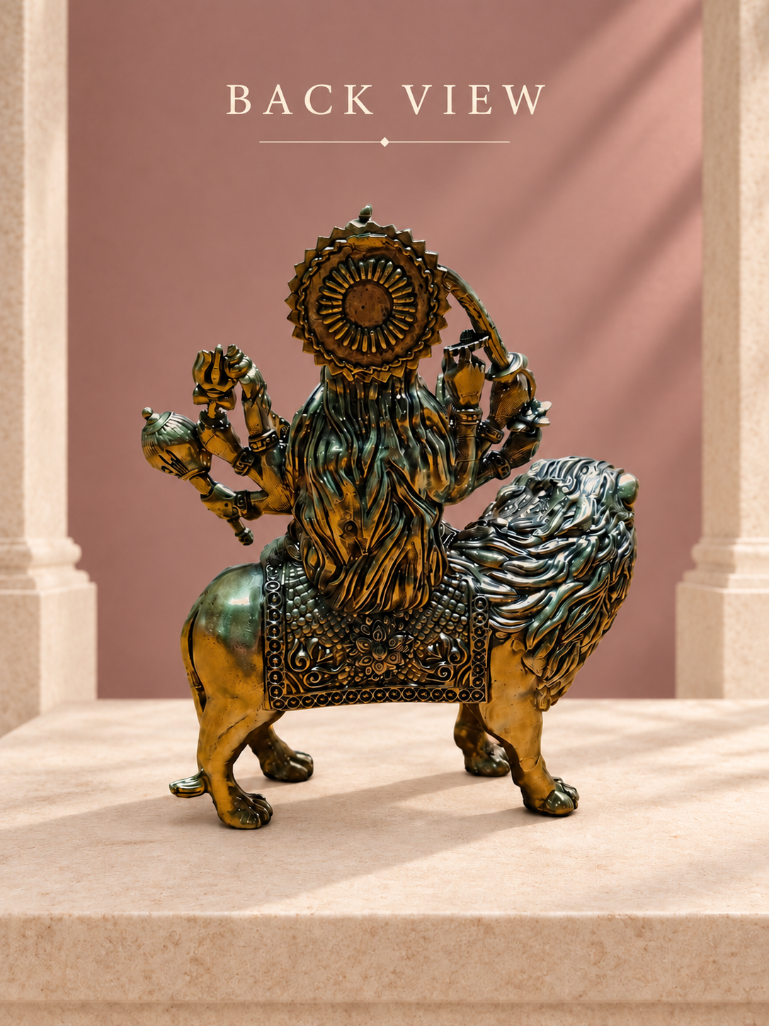 Maa Durga Brass Idol On Lion — Back View