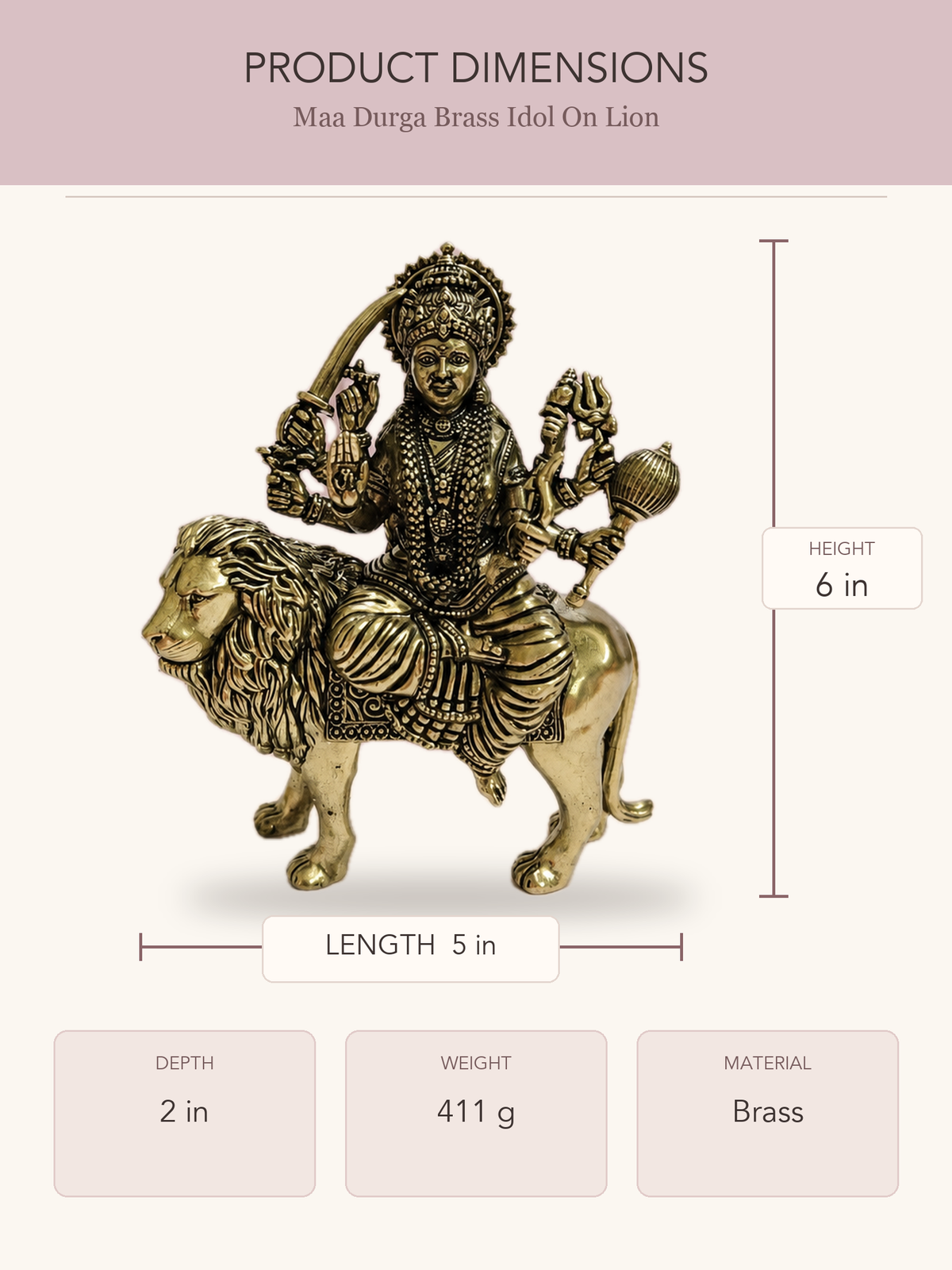 Maa Durga Brass Idol On Lion — clear product dimensions and specifications