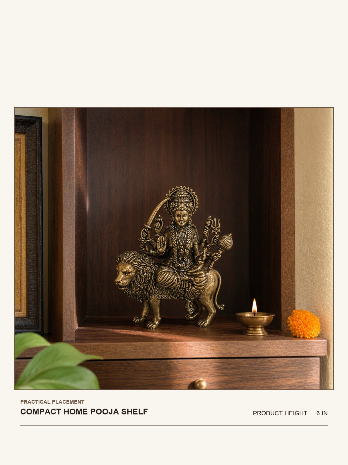 Maa Durga Brass Idol on Lion shown at its 6-inch height on a compact home pooja shelf