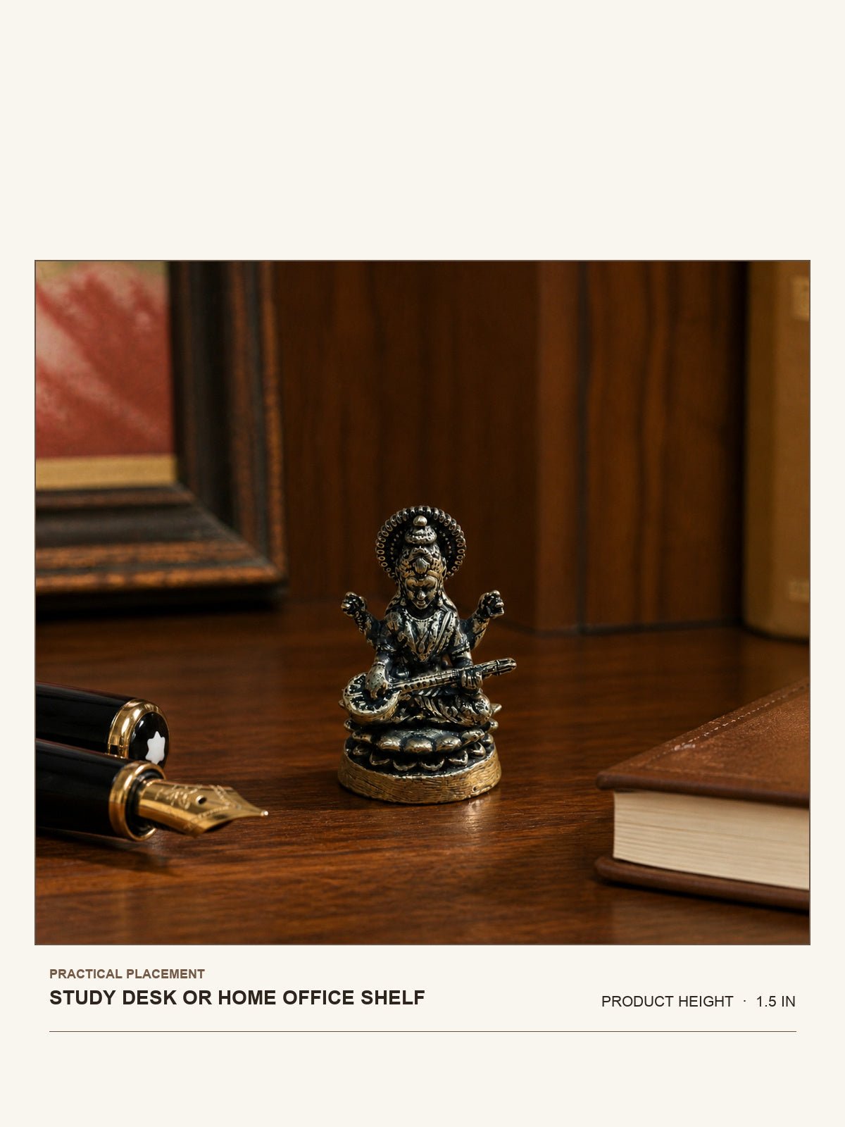 Mini Saraswati Brass Idol with Veena shown at its 1.5-inch height on a study desk or home-office shelf