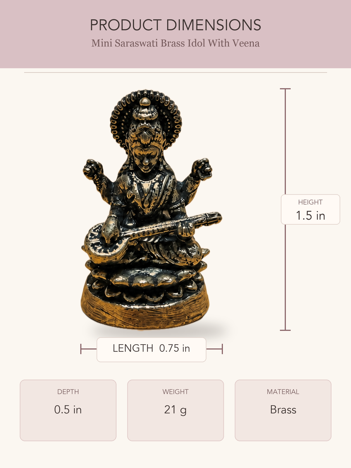 Mini Saraswati Brass Idol With Veena — clear product dimensions and specifications