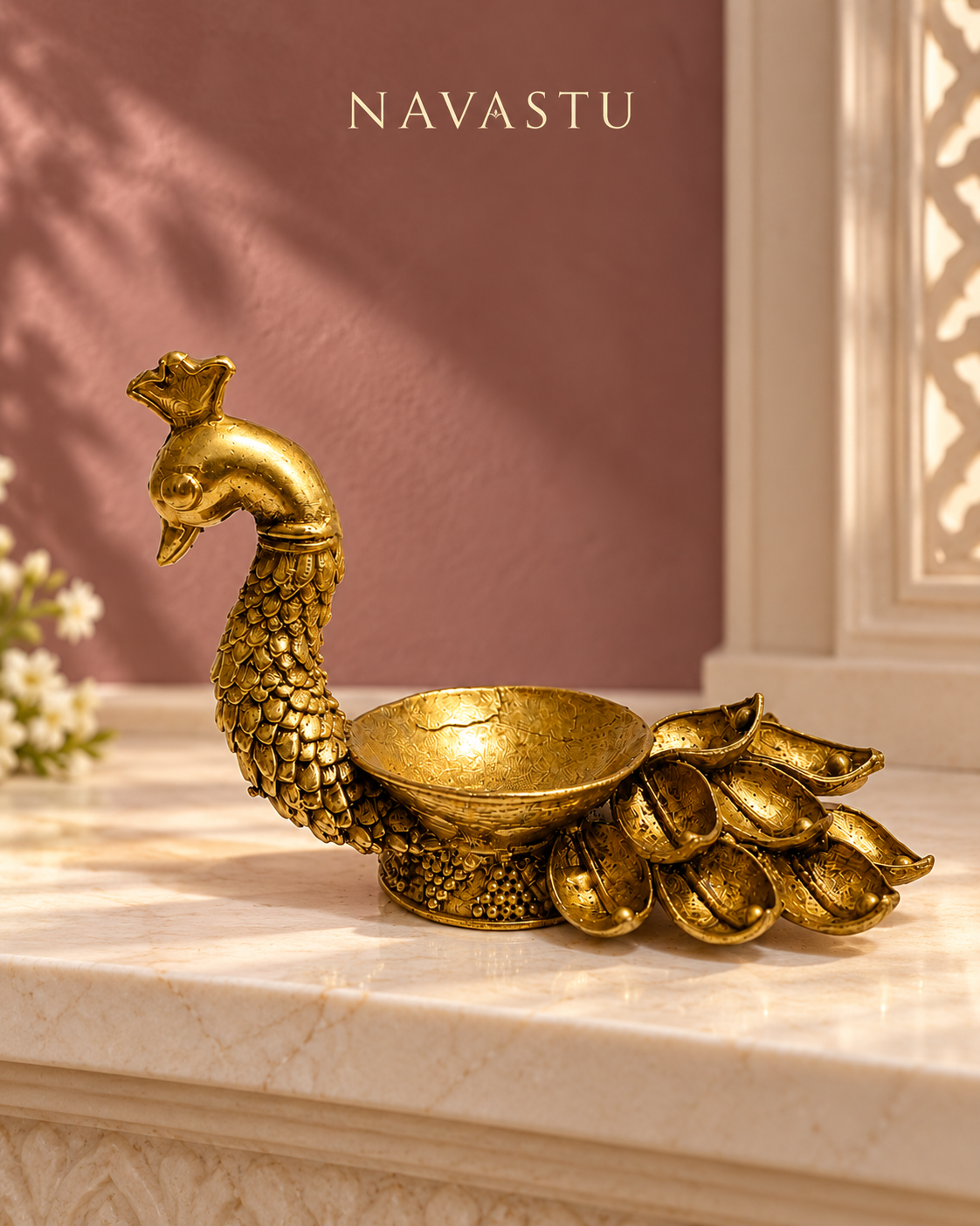 NAVASTU ChatGPT ad creative 2026-10-13 | peacock-lotus-tail-brass-diya