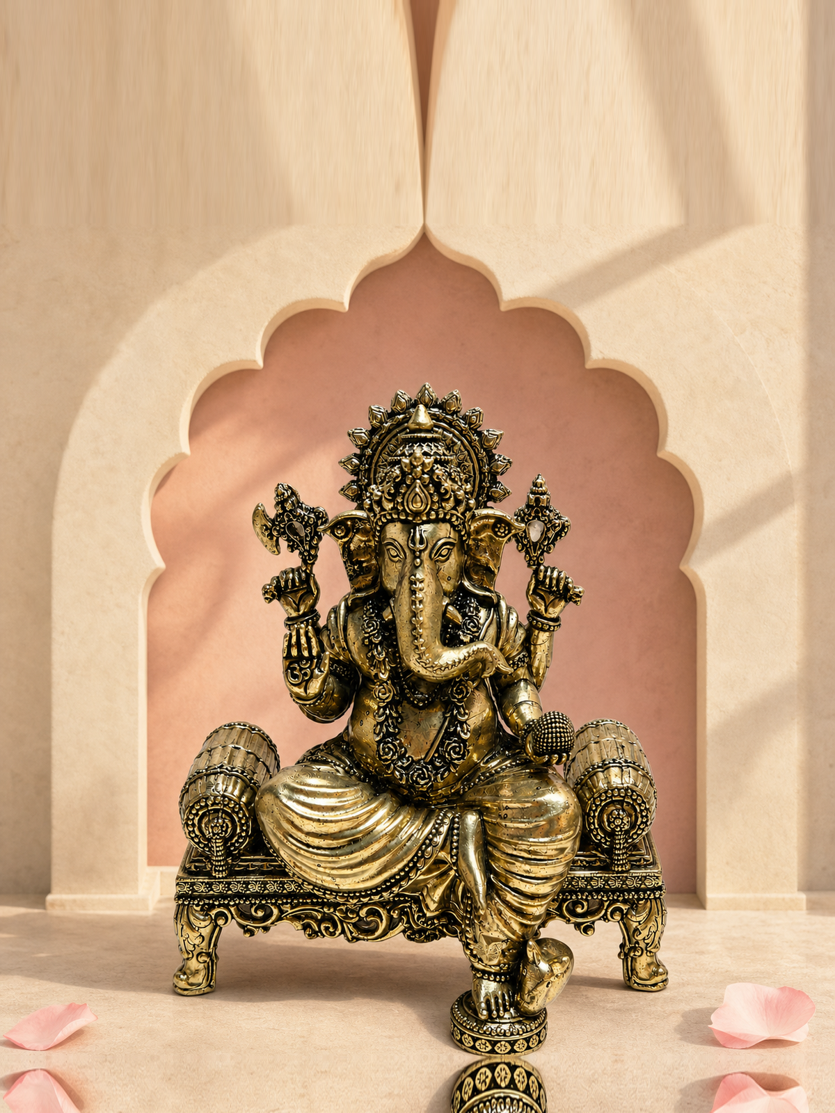 Ganesha Brass Idol on Ornate Throne – styled front view