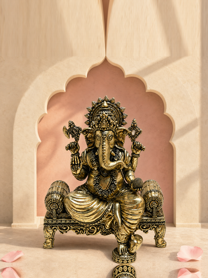 Ganesha Brass Idol on Ornate Throne – styled front view