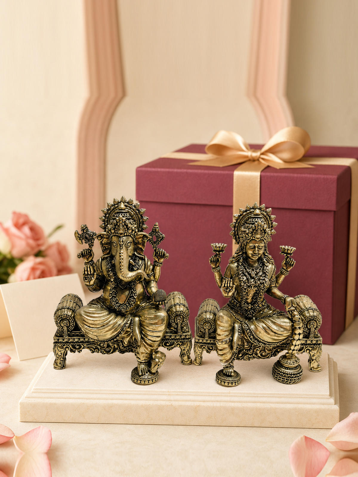 Lakshmi Ganesha Brass Idol Pair on Thrones – styled front view