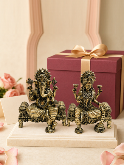 Lakshmi Ganesha Brass Idol Pair on Thrones – styled front view