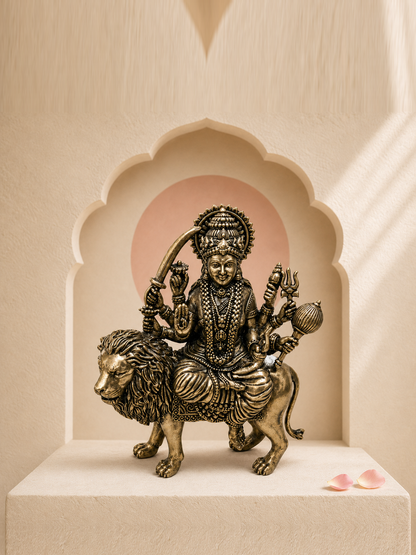 Maa Durga Brass Idol on Lion – styled front view