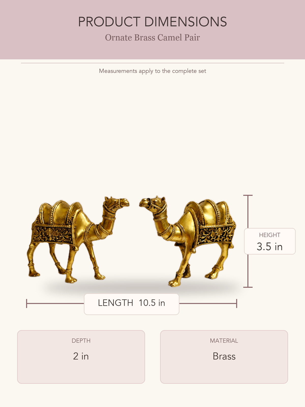 Ornate Brass Camel Pair — clear product dimensions and specifications
