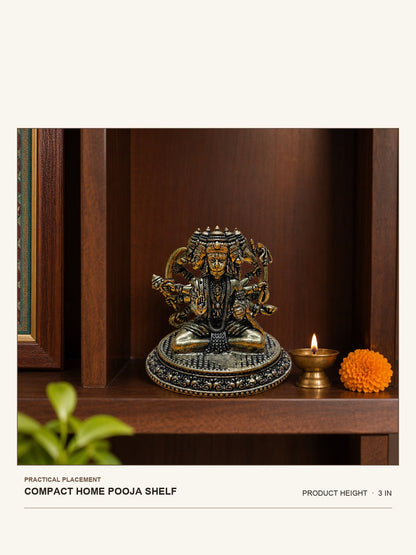 Panchmukhi Hanuman Brass Idol shown at its 3-inch height on a compact home pooja shelf