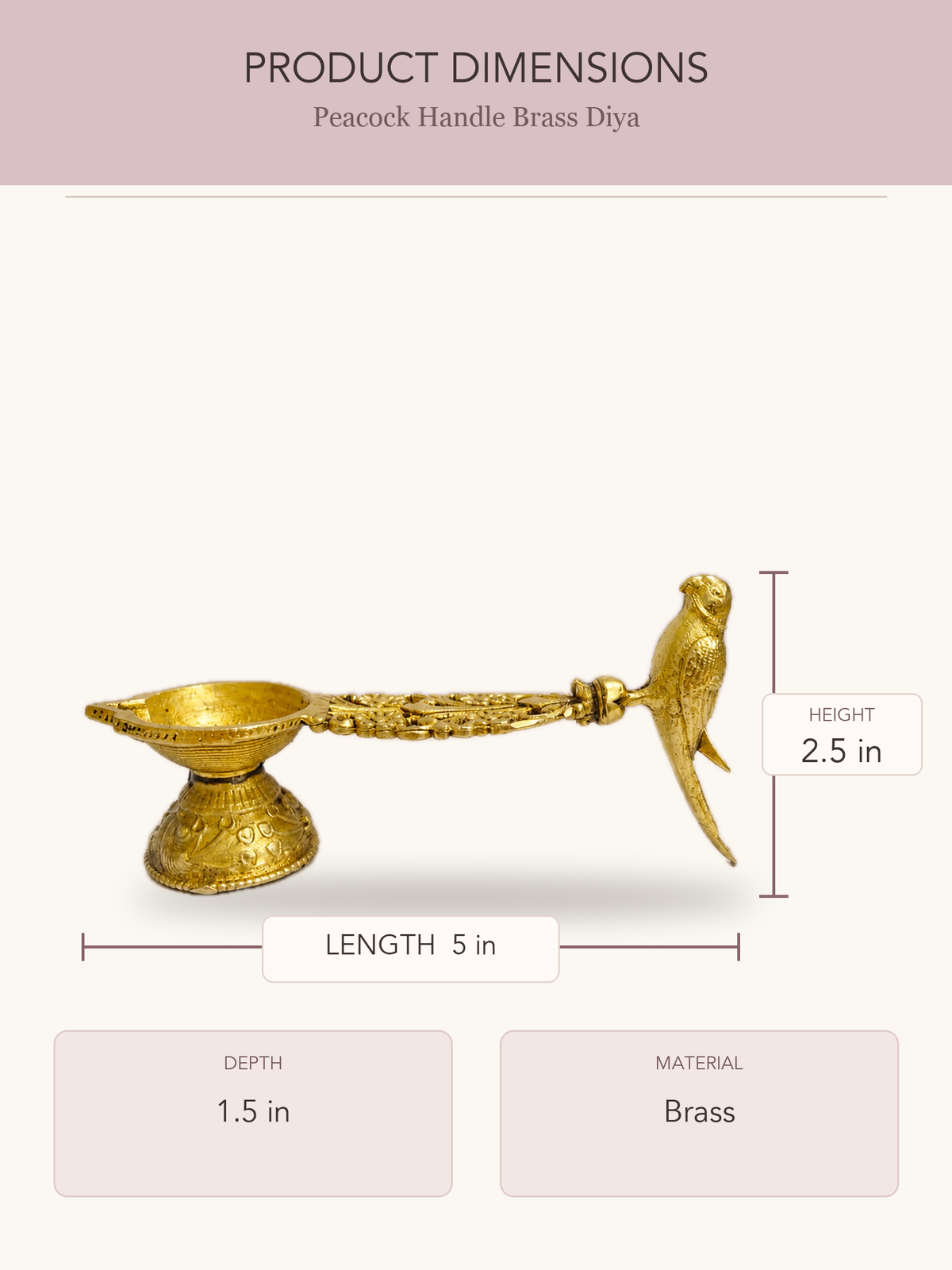 Peacock Handle Brass Diya — clear product dimensions and specifications