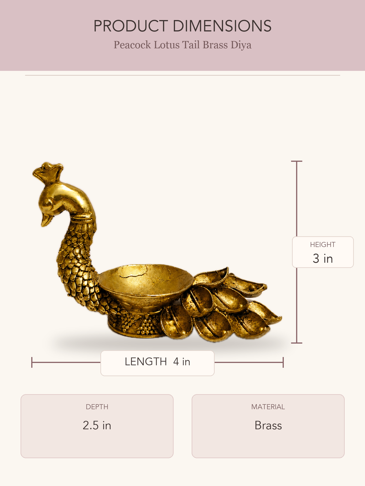 Peacock Lotus Tail Brass Diya — clear product dimensions and specifications