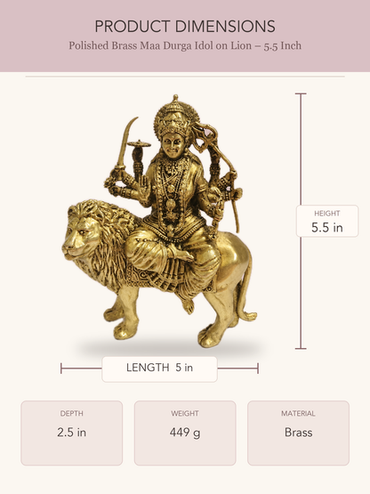 Polished Brass Maa Durga Idol on Lion – 5.5 Inch — clear product dimensions and specifications