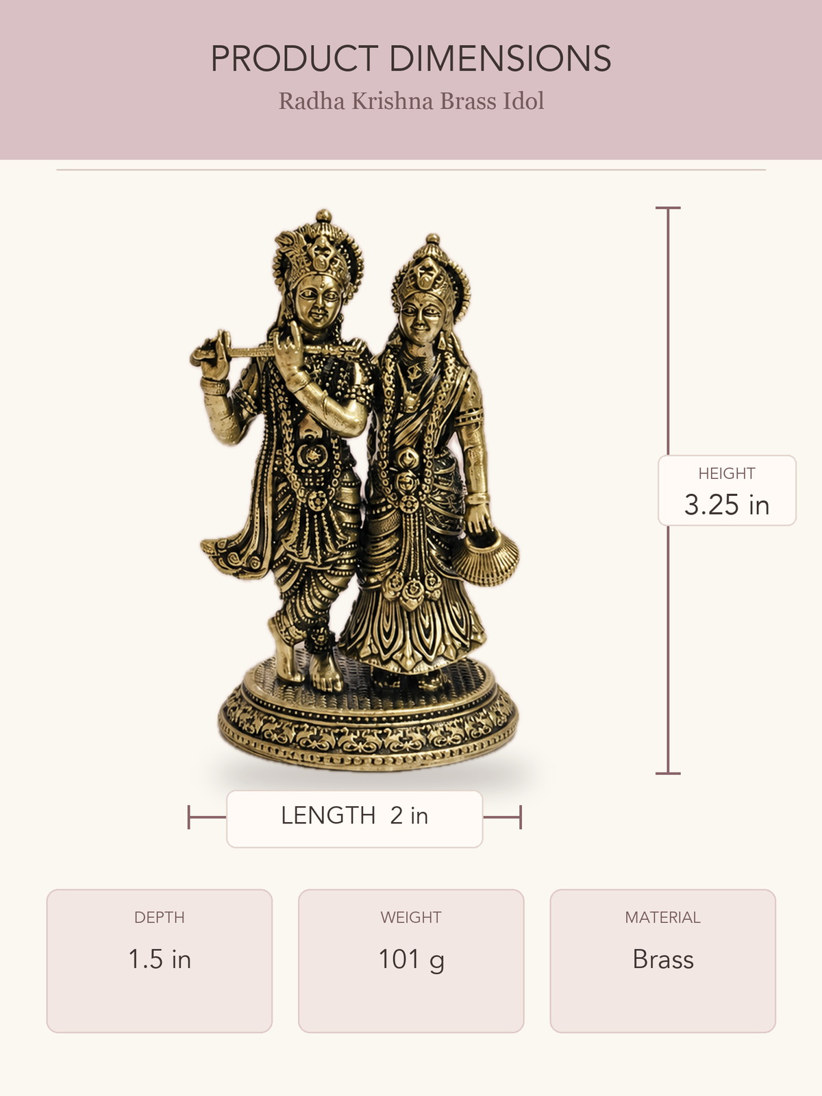 Radha Krishna Brass Idol — clear product dimensions and specifications