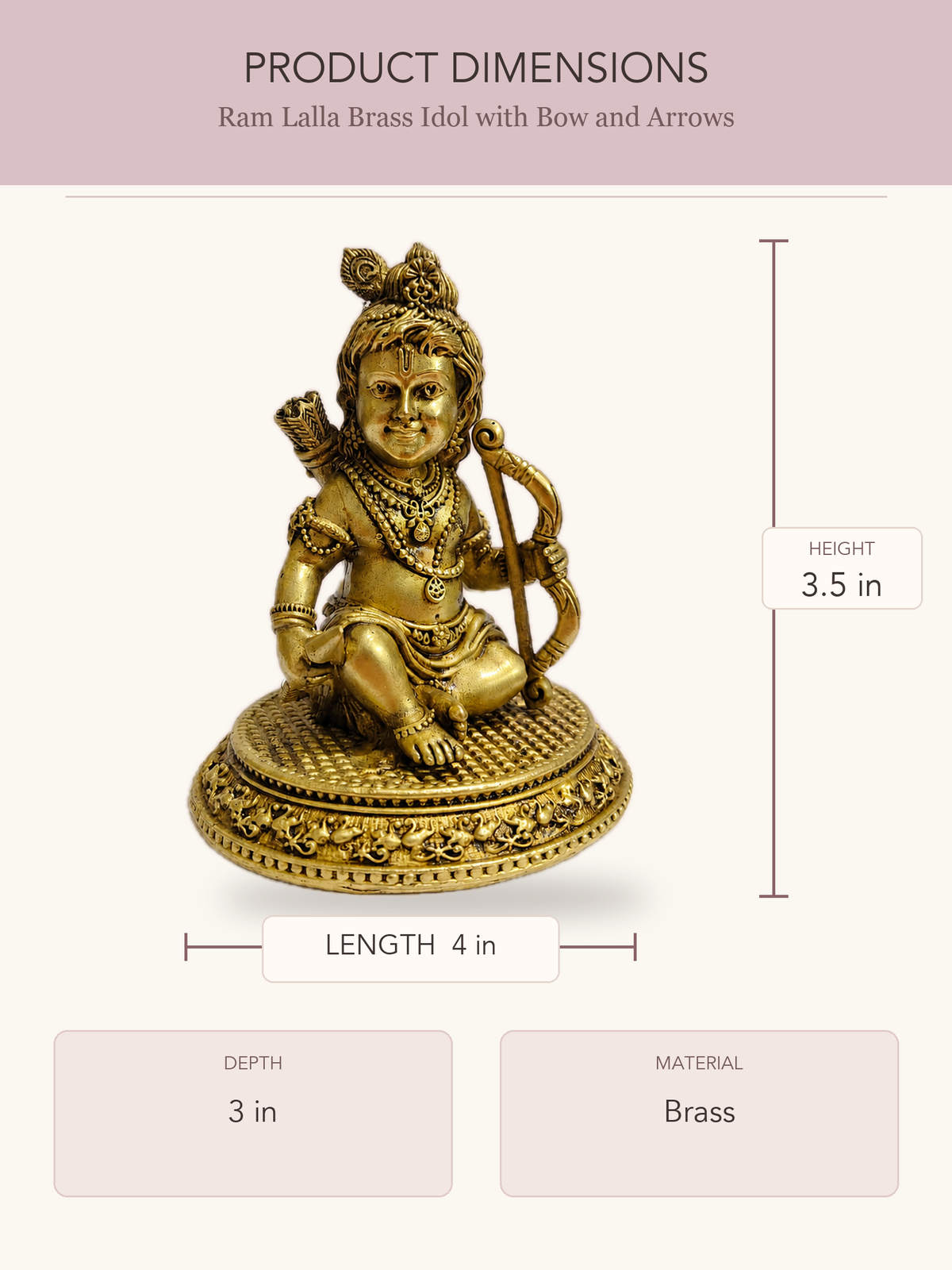 Ram Lalla Brass Idol with Bow and Arrows — clear product dimensions and specifications