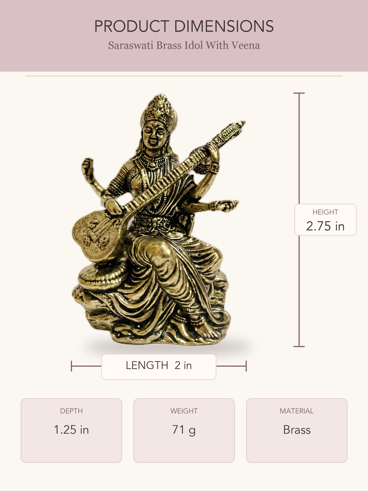 Saraswati Brass Idol With Veena — clear product dimensions and specifications