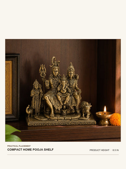 Shiva Parivar Brass Idol shown at its 6.5-inch height on a compact home pooja shelf