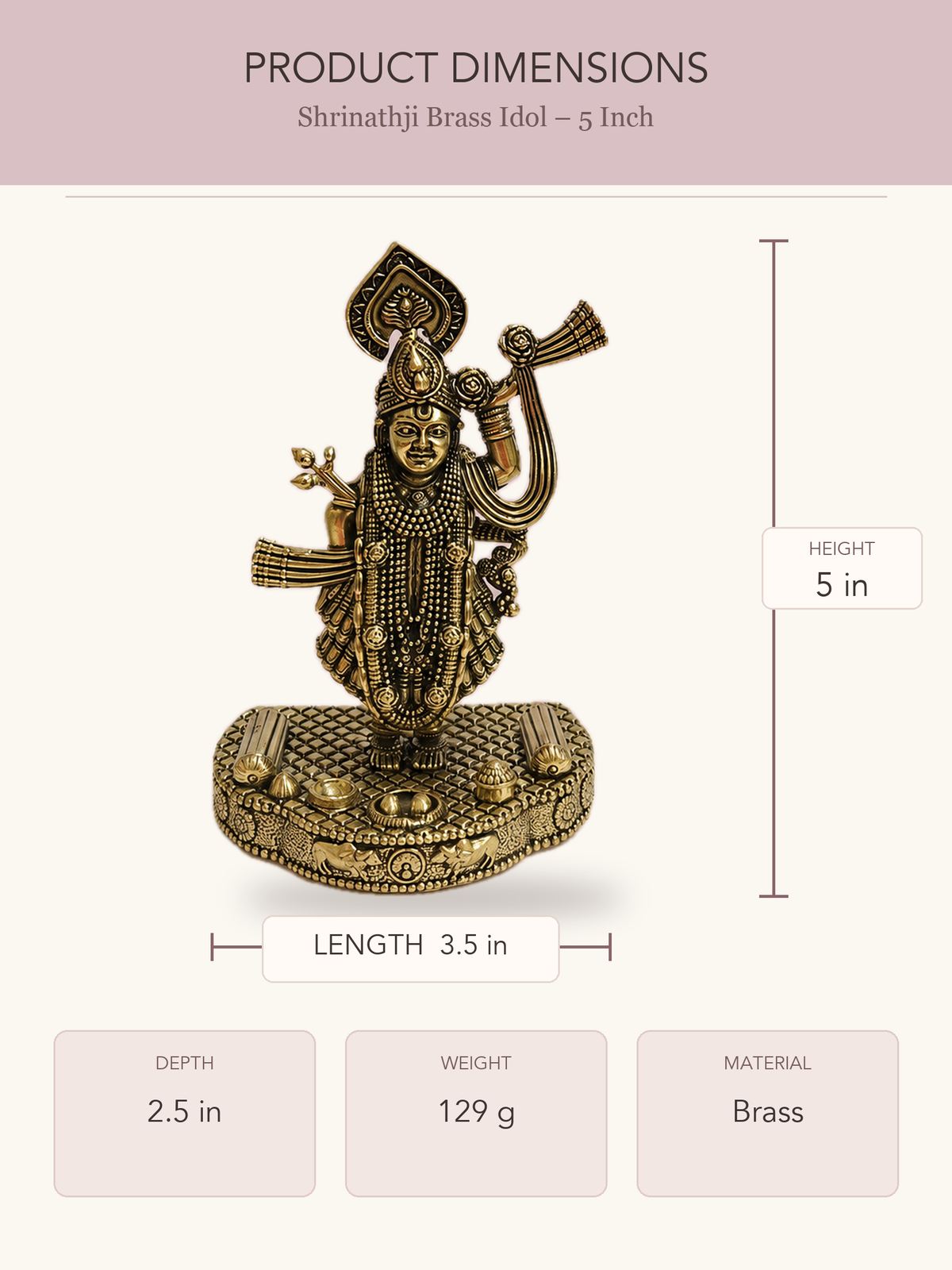 Shrinathji Brass Idol – 5 Inch — clear product dimensions and specifications