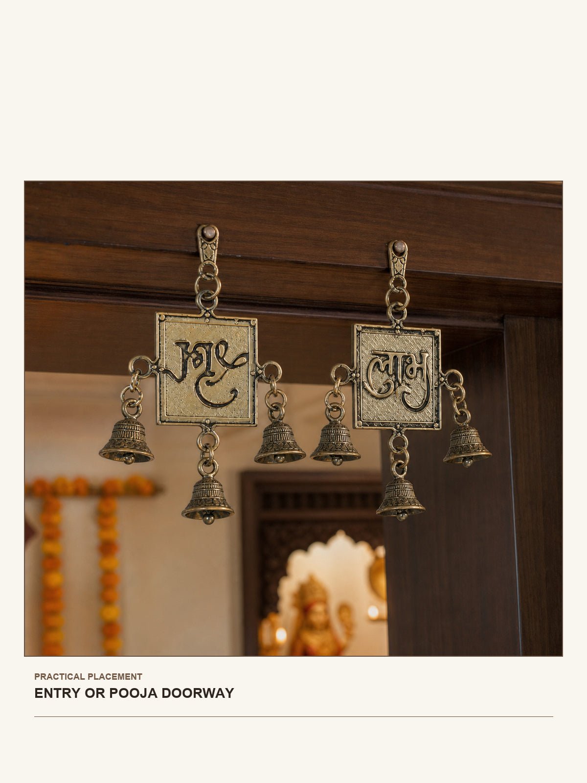 Shubh Labh Brass Wall Bell Set shown in a practical entry or pooja doorway setting
