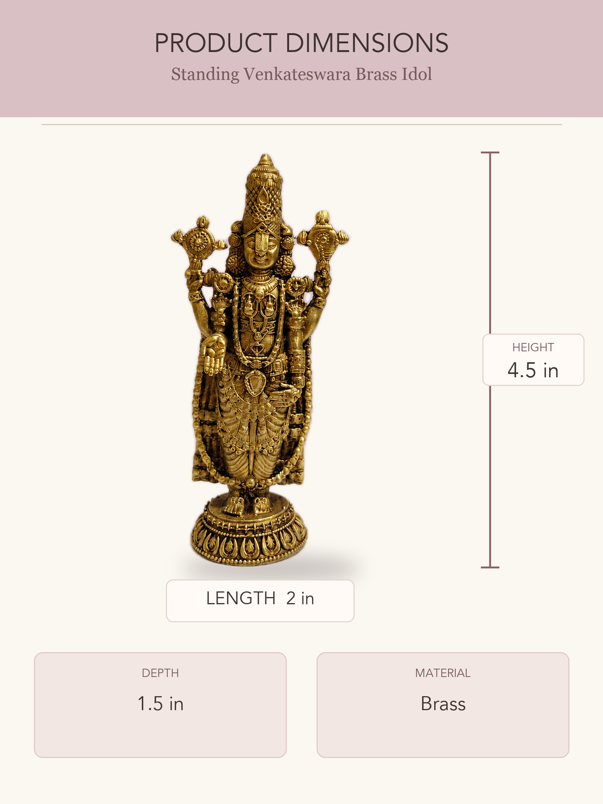 Standing Venkateswara Brass Idol — clear product dimensions and specifications