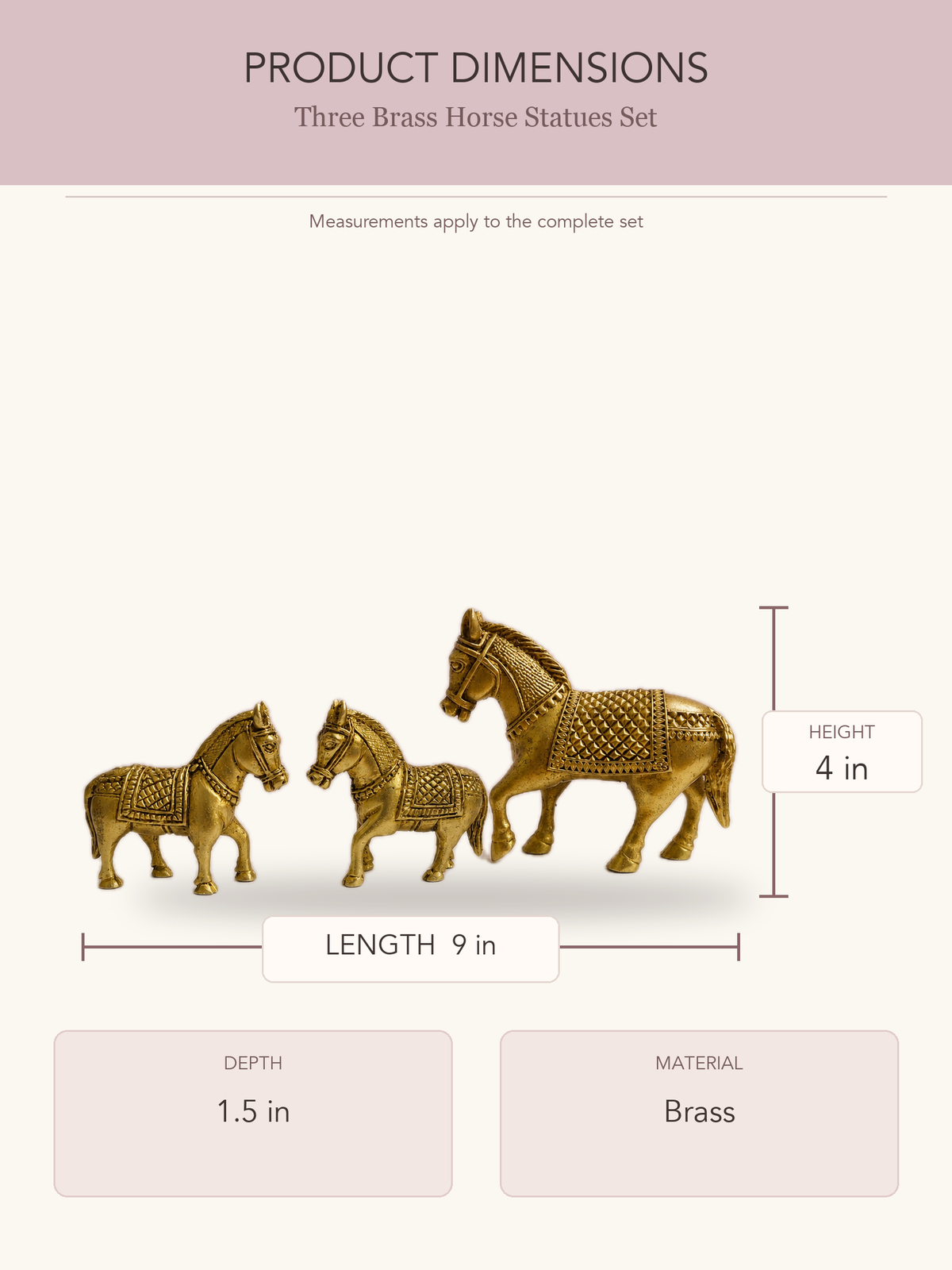 Three Brass Horse Statues Set — clear product dimensions and specifications