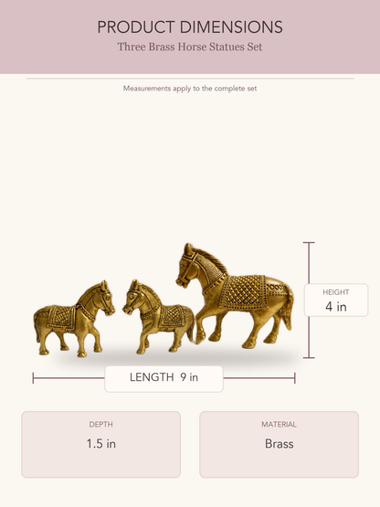 Three Brass Horse Statues Set — clear product dimensions and specifications