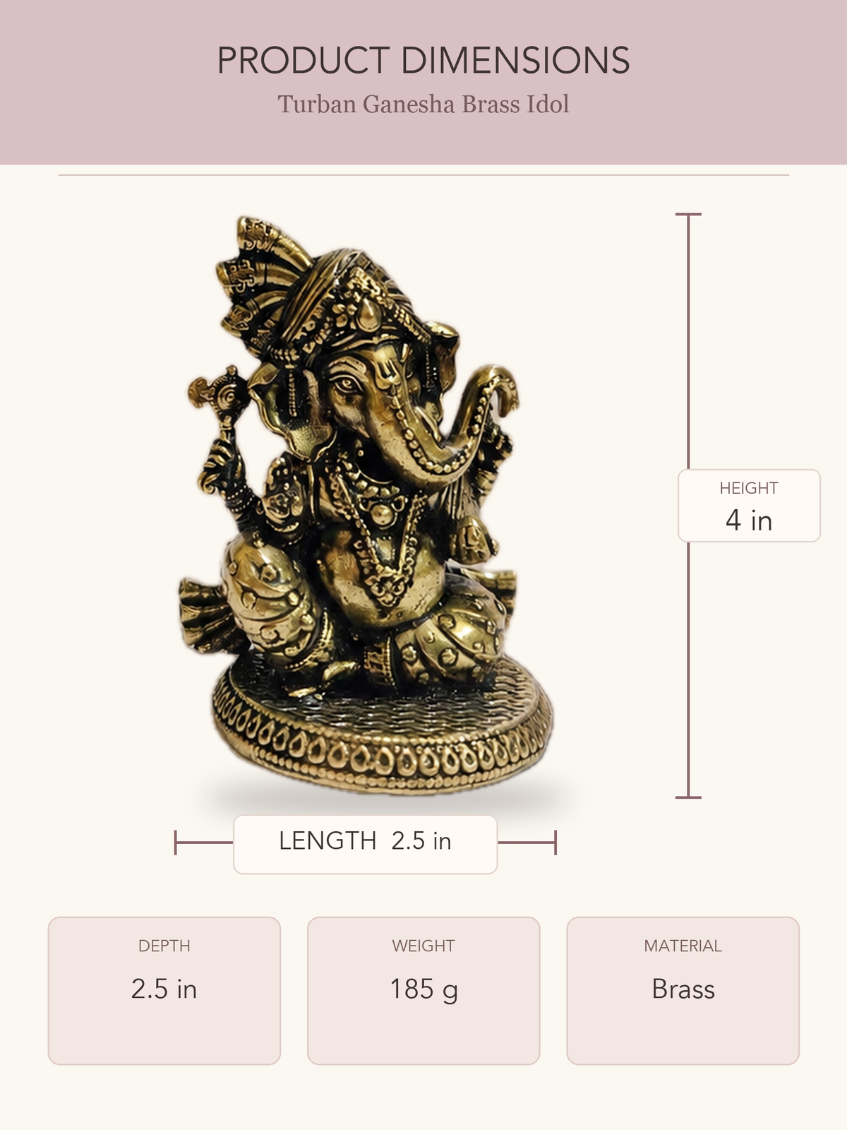 Turban Ganesha Brass Idol — clear product dimensions and specifications