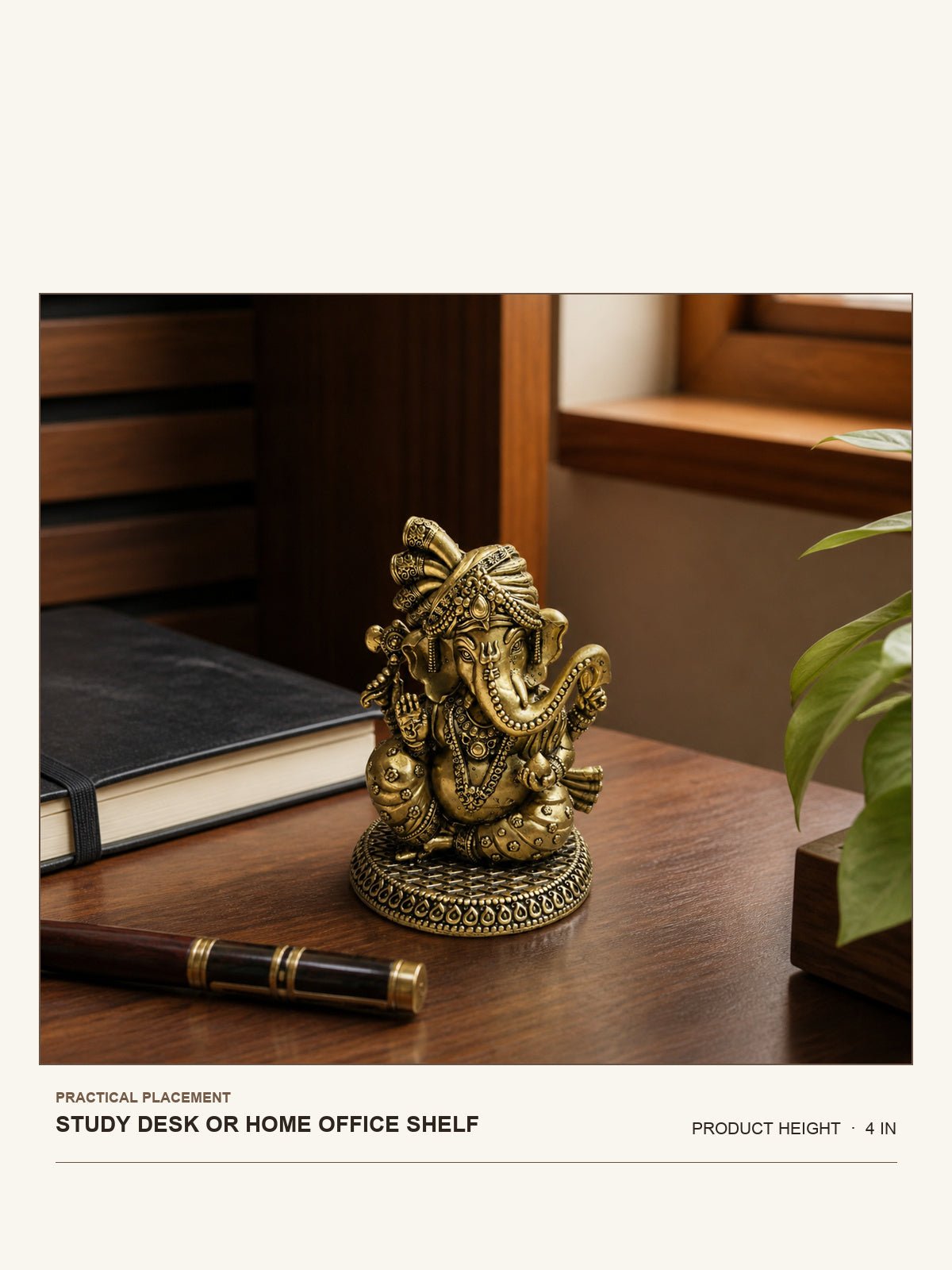 Turban Ganesha Brass Idol shown at its 4-inch height on a study desk or home-office shelf