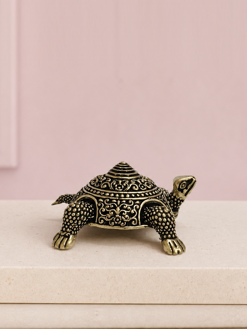 Vastu Tortoise Brass Box on an ivory platform with a soft mauve heritage backdrop