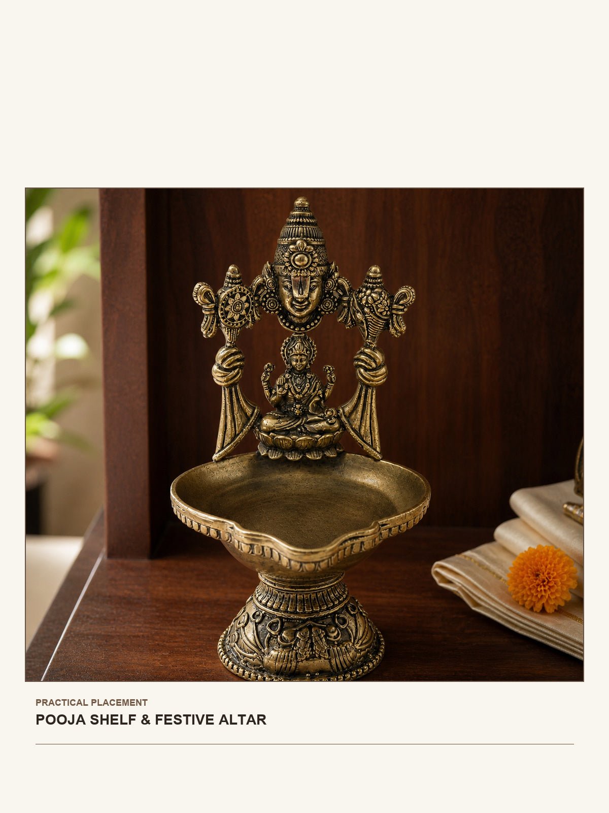 Venkateswara & Lakshmi Brass Diya Stand shown in a practical pooja shelf or festive altar setting